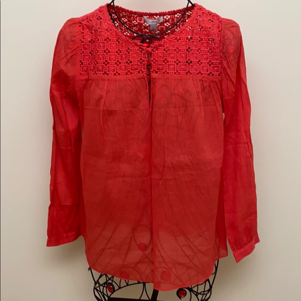 NEW J Crew Red Long Sleeve Blouse Top Embroidered  Lightweight Womens 8
